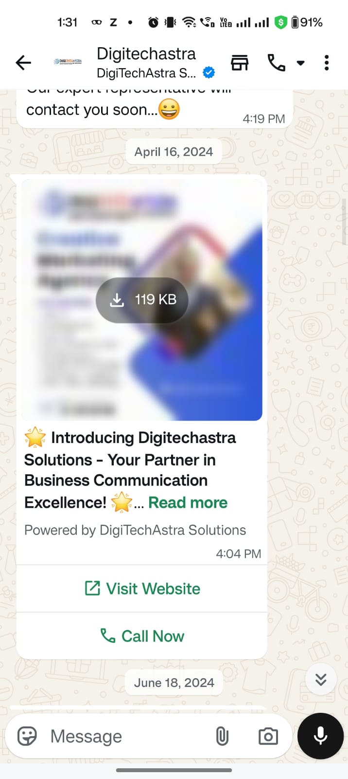 Real WhatsApp screenshot showing Digitechastra message card and action buttons